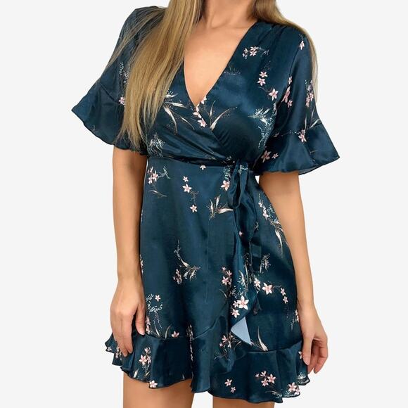 Show Me Your Mumu Evelyn Mini Wrap Dress Teal Green Small Floral Satin Feminine - Picture 1 of 16